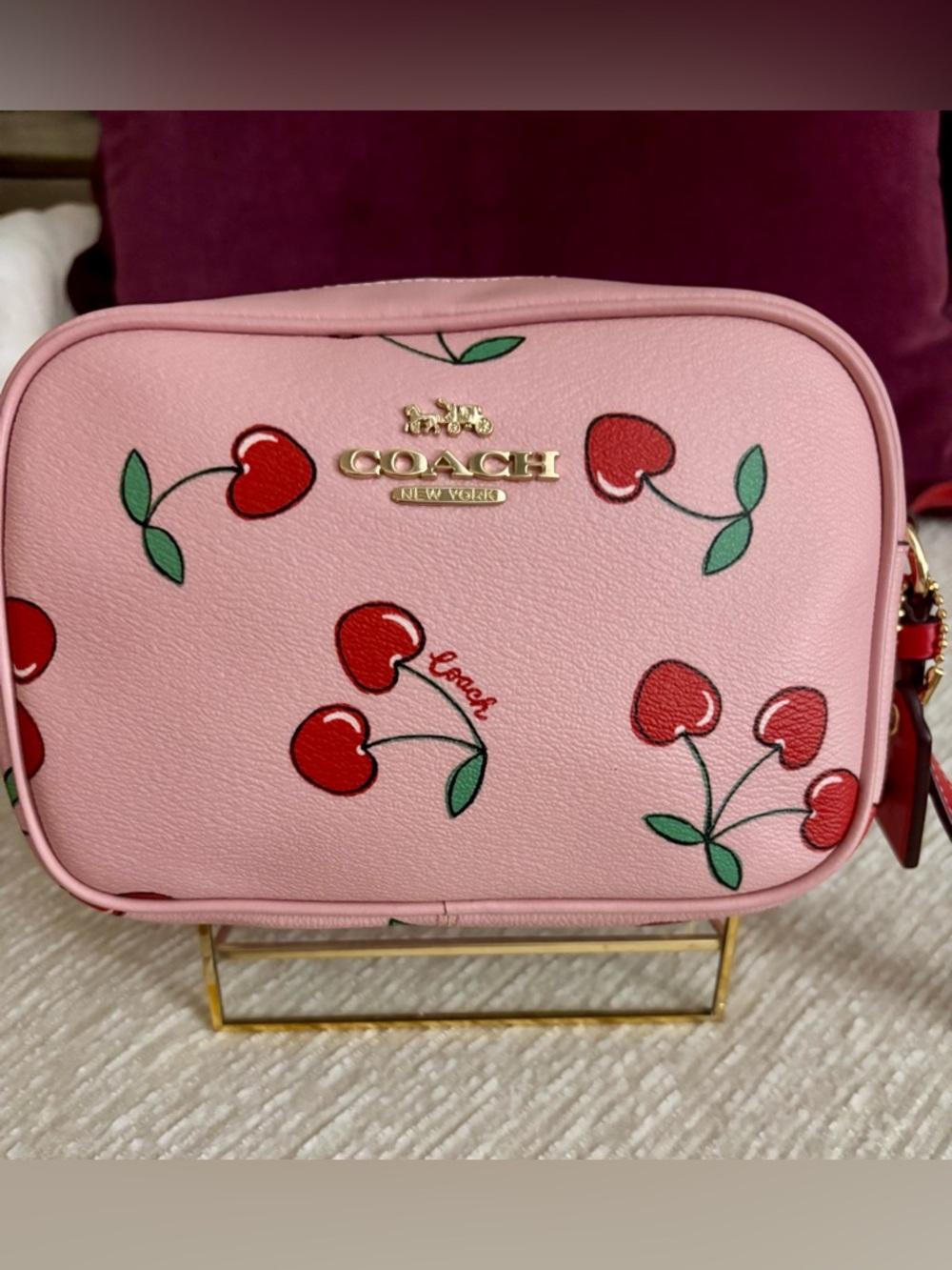 Coach Mini Jamie Camera Bag Cherry Print Pink Pebble Leather Crossbody Gold Tone